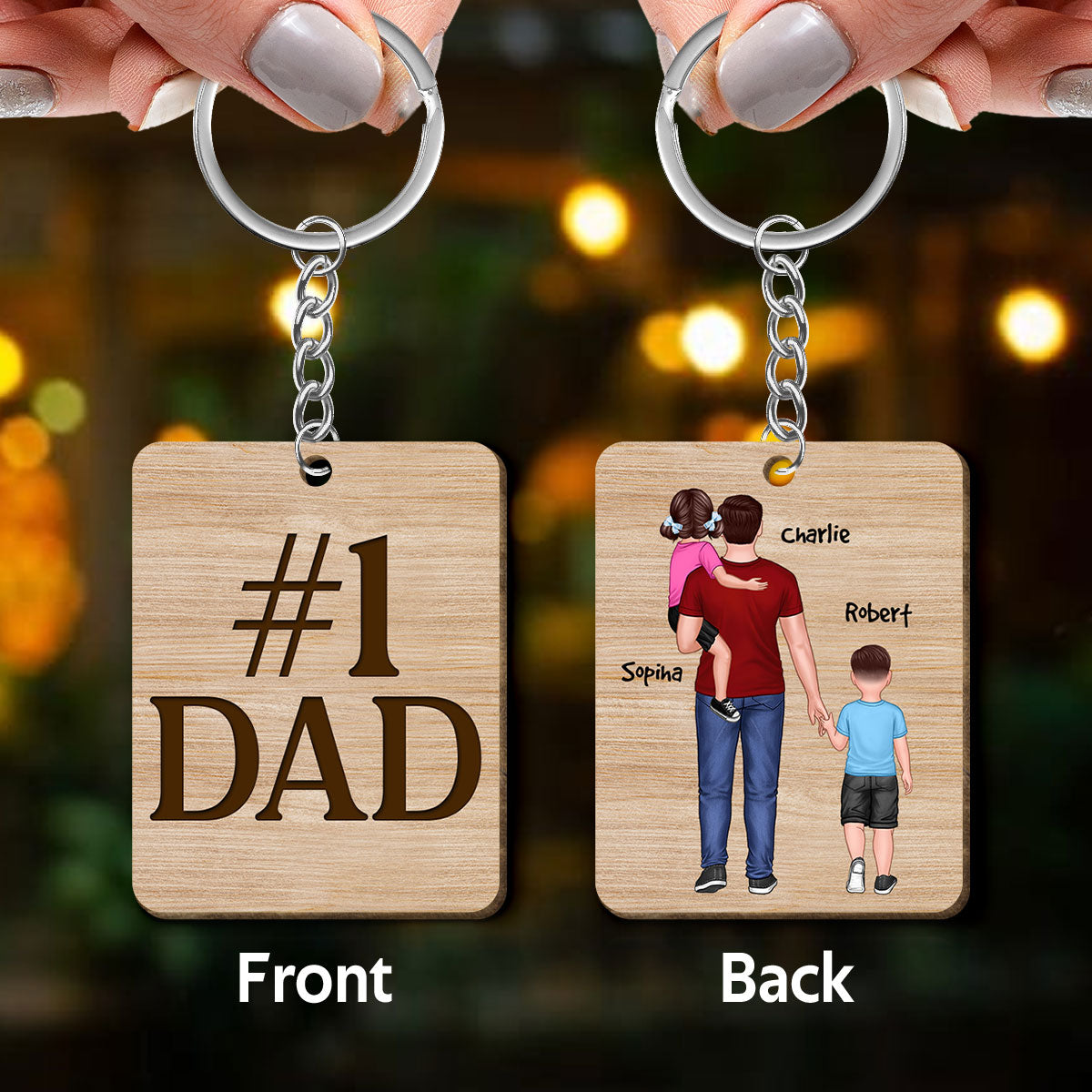 Dad Grandpa Holding Kids Back View Personalized Wooden Keychain