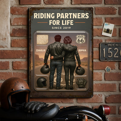 3D Effect Custom Figure Couple Bikers Riding Partners For Life Personalized Metal Sign