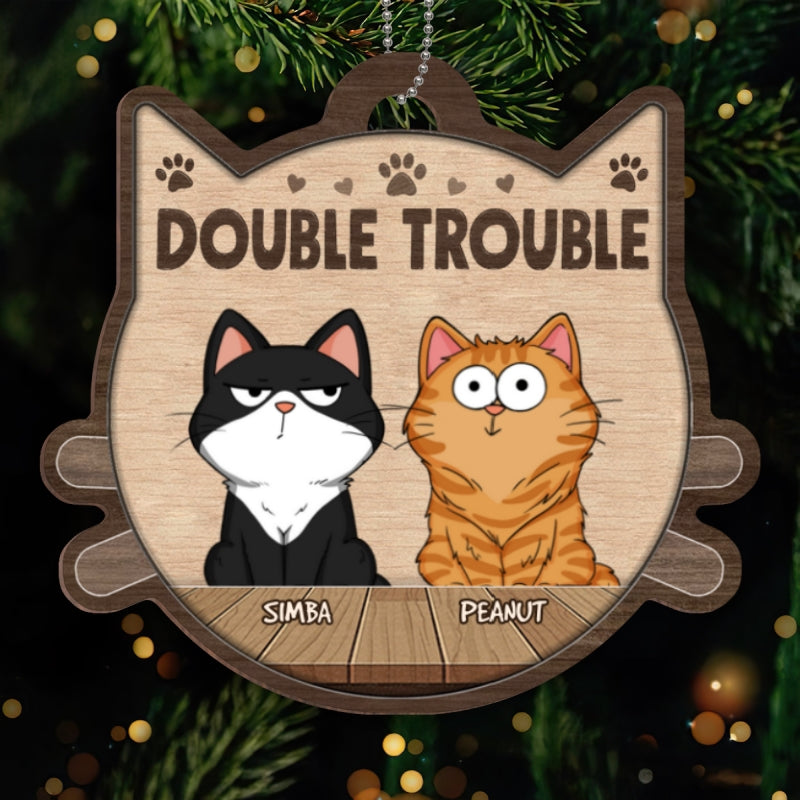 Double Trouble Funny Cat Expression Personalized Cat Head Shaped Wooden Ornament