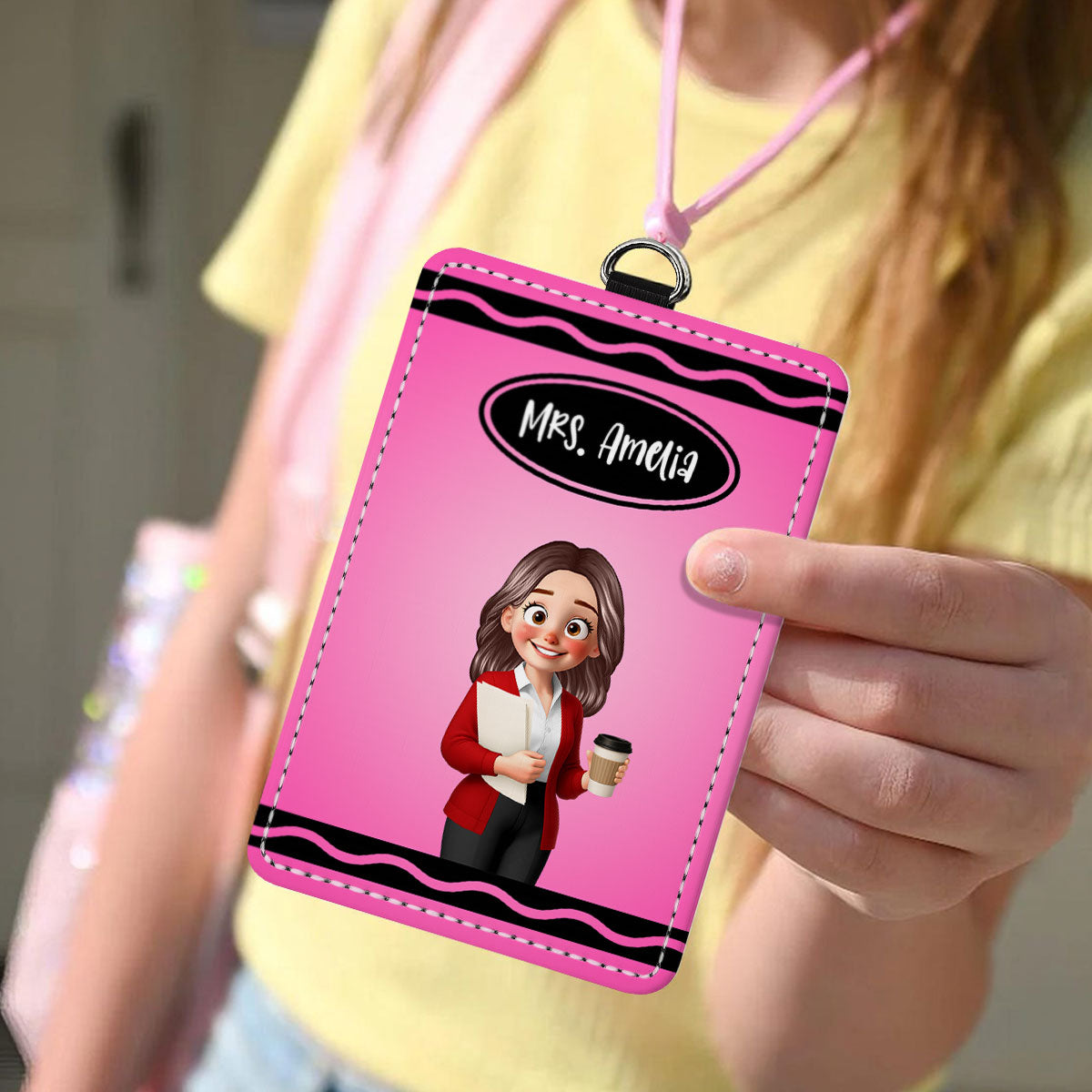 Crayon Themed Cartoon Teacher Personalized ID Badge Holder, Back To School Gift