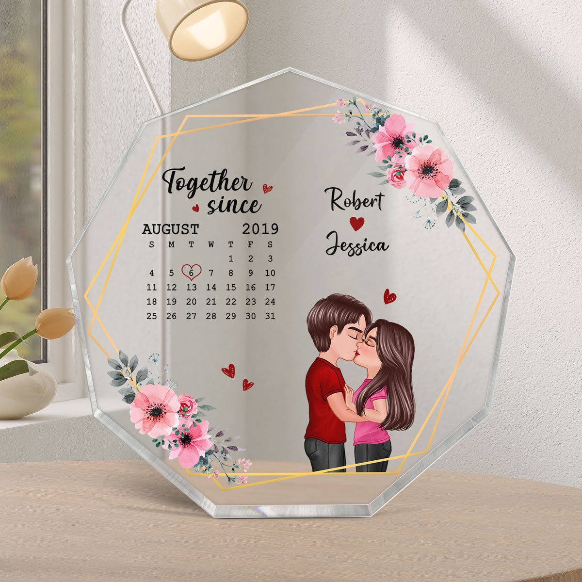 Floral Frame Doll Couple Kissing Calendar Personalized Acrylic Nonagon Plaque