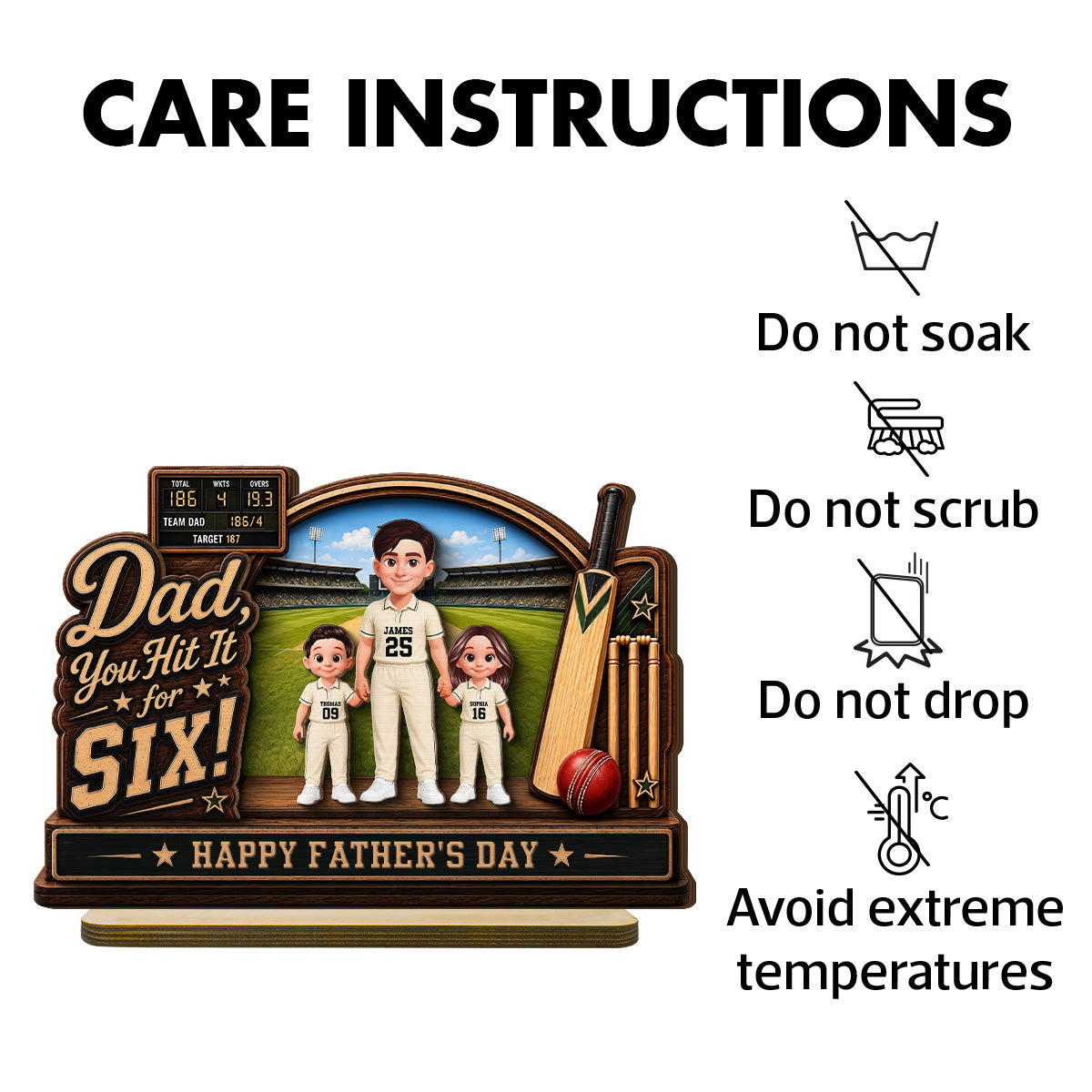 Hit A Six With The Best Dad Cricket Dad & Kids On Court - Personalised 2-Layered Wooden Plaque - Father's Day Gift For Husband, Dad
