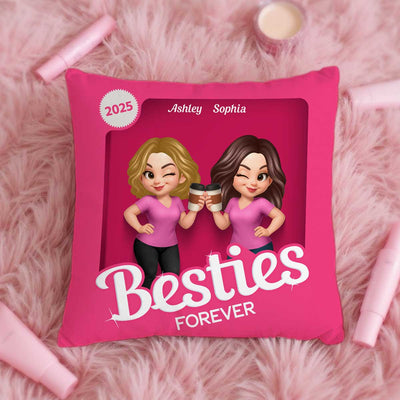 Besties Partners In Crime Pink Action Figure 3D Effect Personalized Pillow