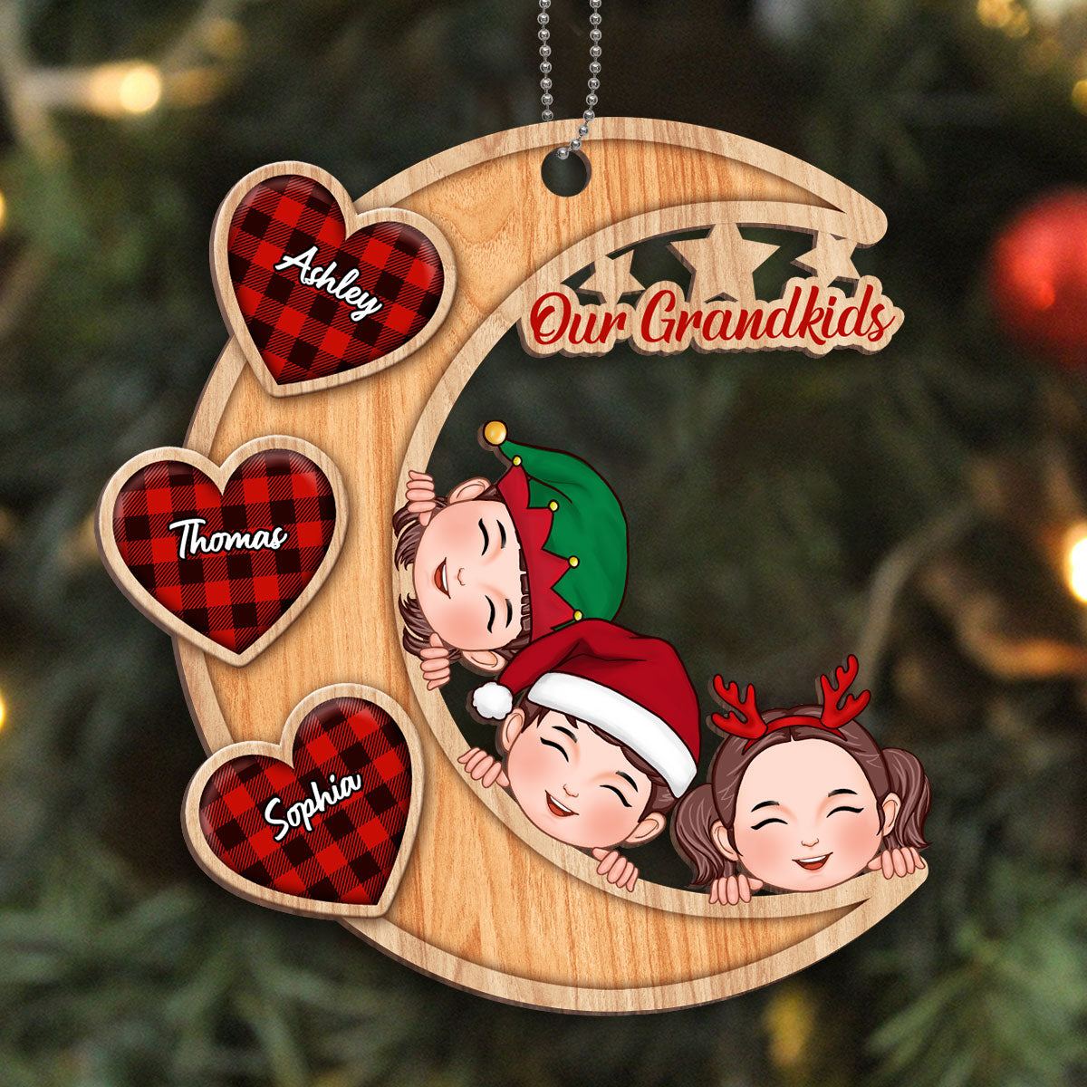 Our Grandkids Peeking On Moon Personalized Wooden Ornament
