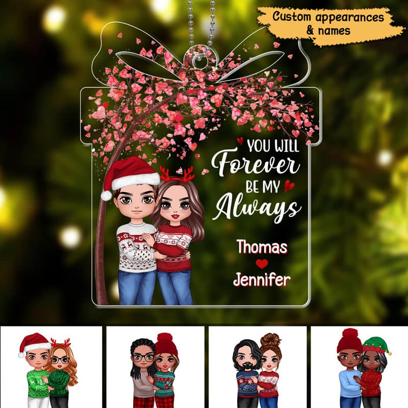 Doll Couple Hugging Under Tree Gift Shape Personalized Acrylic Ornament