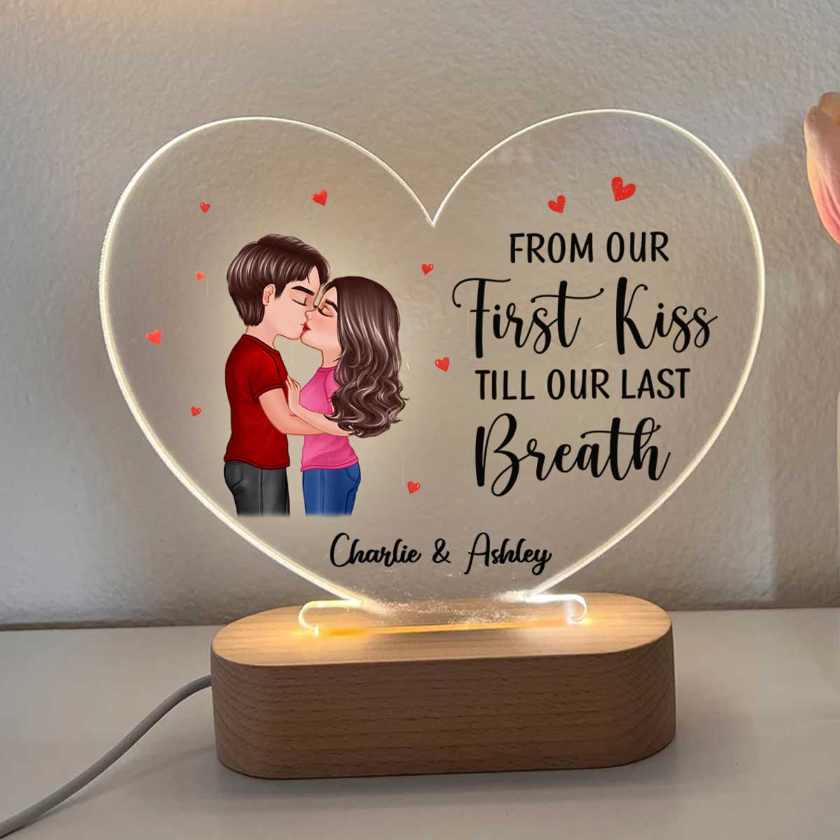 Doll Couple Kissing Gift For Him For Her Personalized Acrylic Heart Plaque LED Lamp Night Light