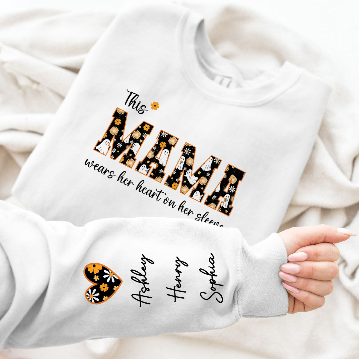 Halloween This Mama Wears Her Heart on Her Sleeve Personalized Sleeve Printed Sweatshirt