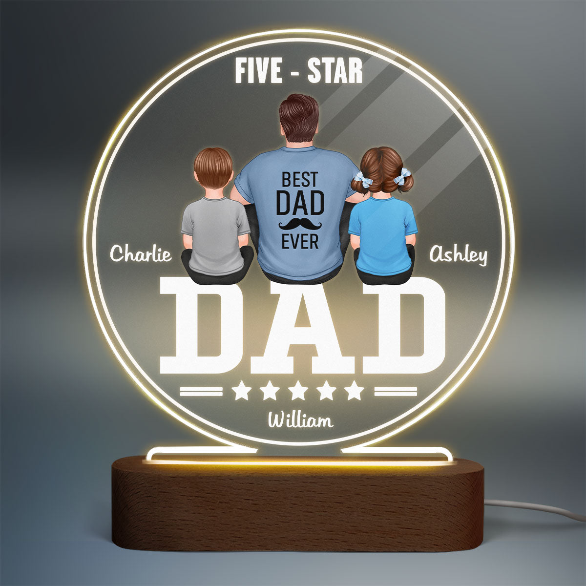 Five - Star Dad Back View Dad And Kids Personalized Acrylic Circle LED Night Light