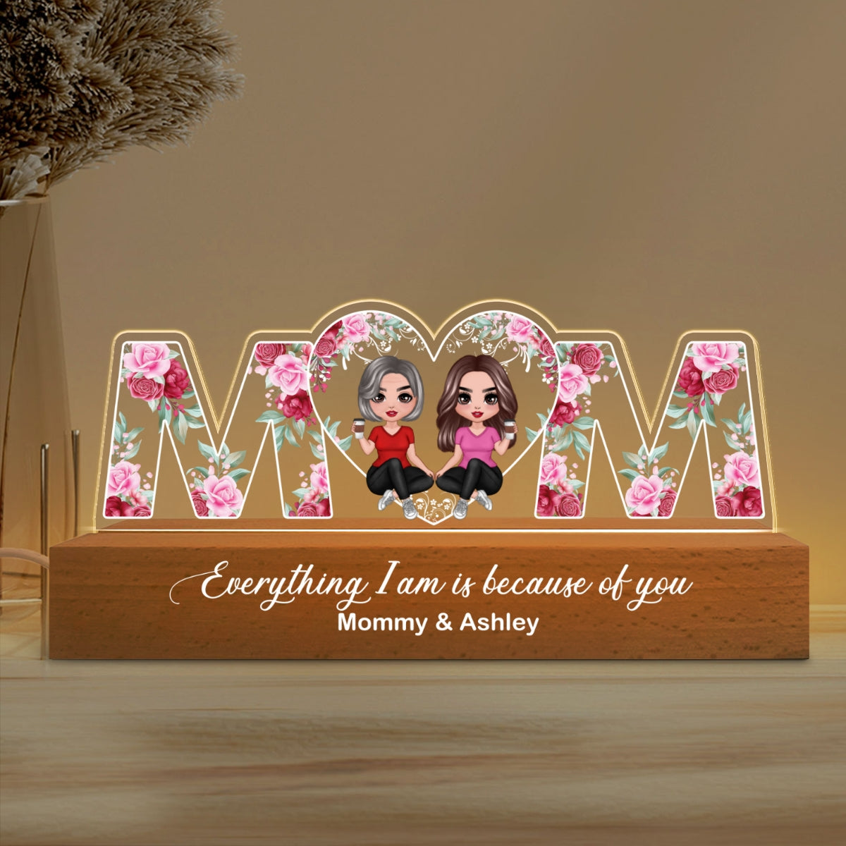 Mom & Daughters Everything We Are Because Of You Personalized Acrylic Block LED Night Light
