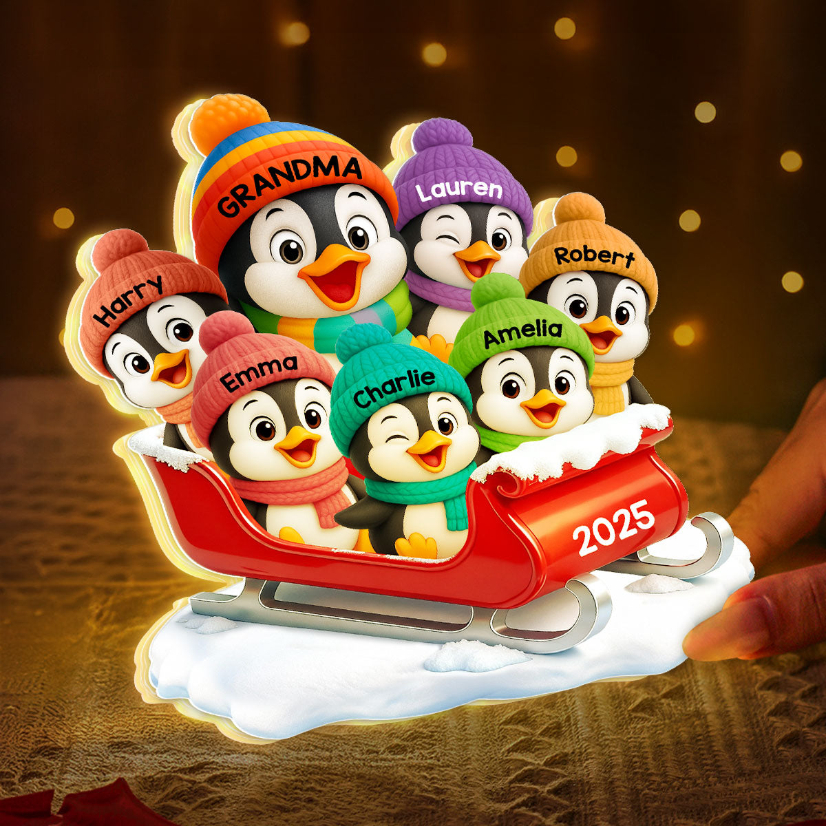 3D Effect Cute Grandma Grandkids Penguin On Sleigh - Personalized Light Box