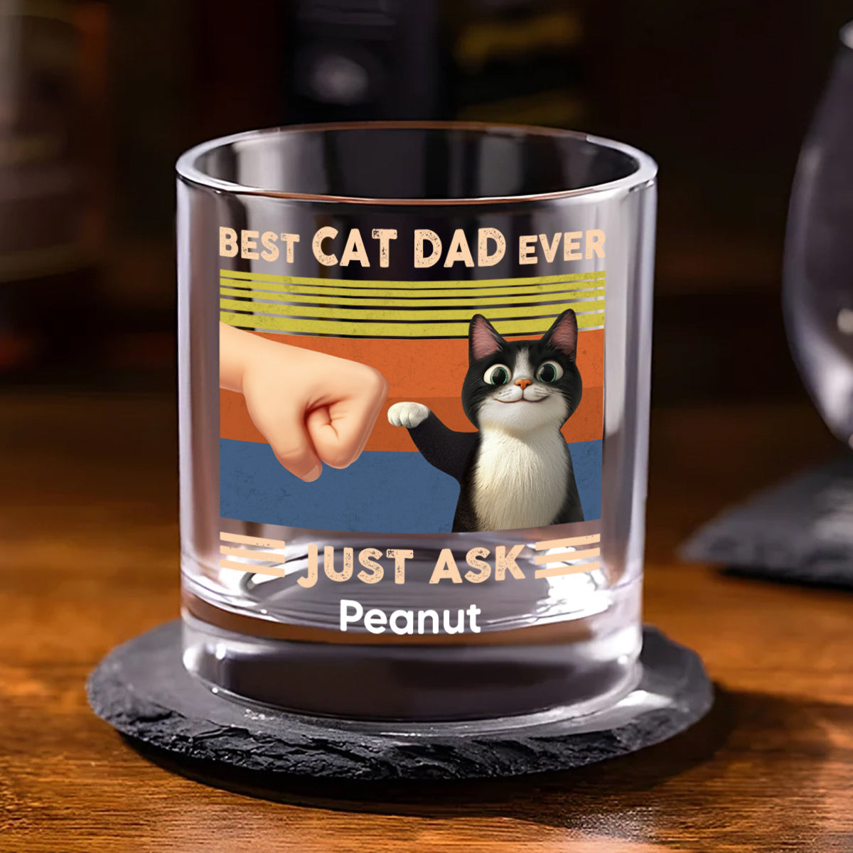 Best Cat Dad Cute Cartoon Cats Personalized Whiskey Glass, Father's Day Gift for Cat Dads