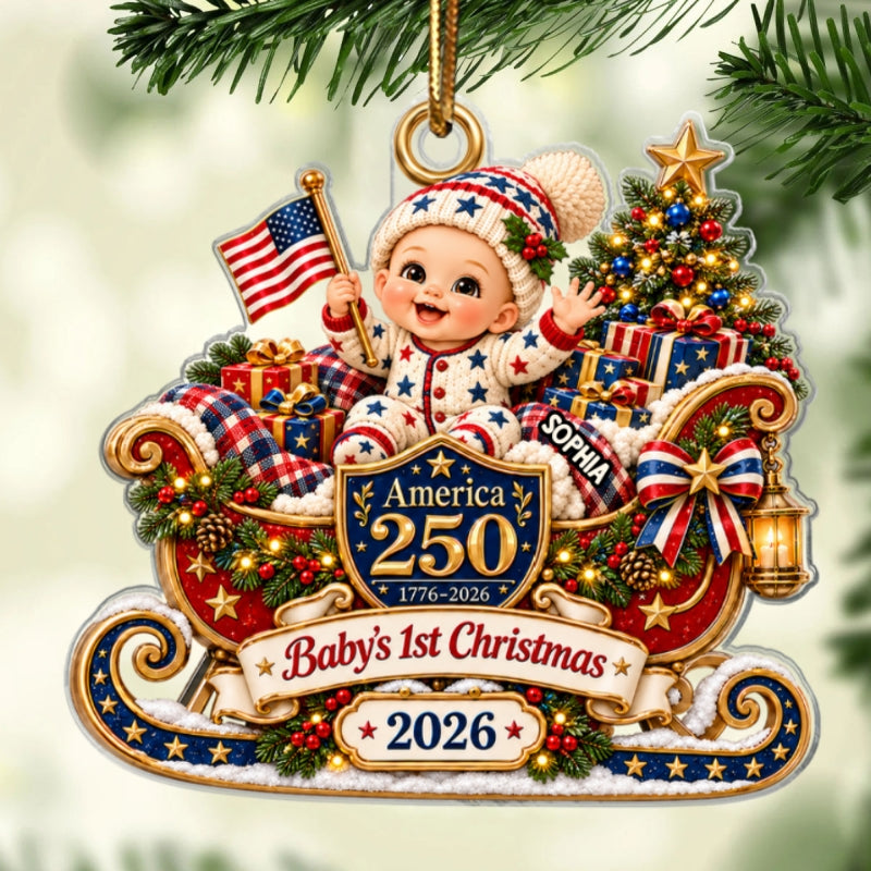 Baby On Sleigh Baby's First Christmas 2D Flat - Personalized Acrylic Ornament - 250th America 1776 - 2026 Anniversary, Patriotic Christmas Decor, Gifts for New Parents