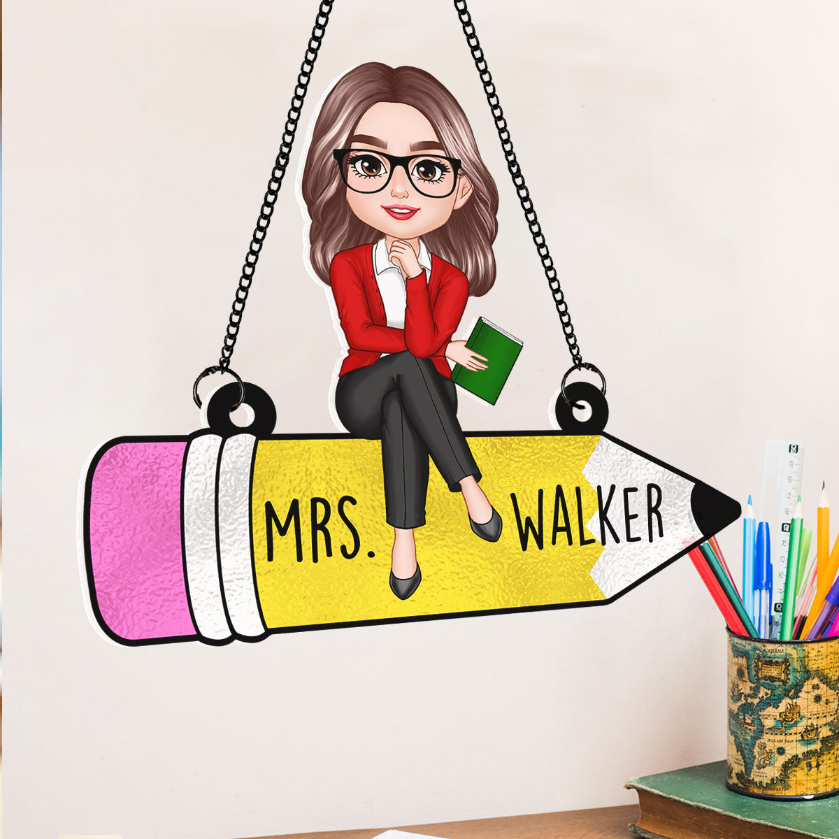 Teacher Sitting On Pencil Personalized Suncatcher, Teacher Appreciation Gift, Back To School Gift