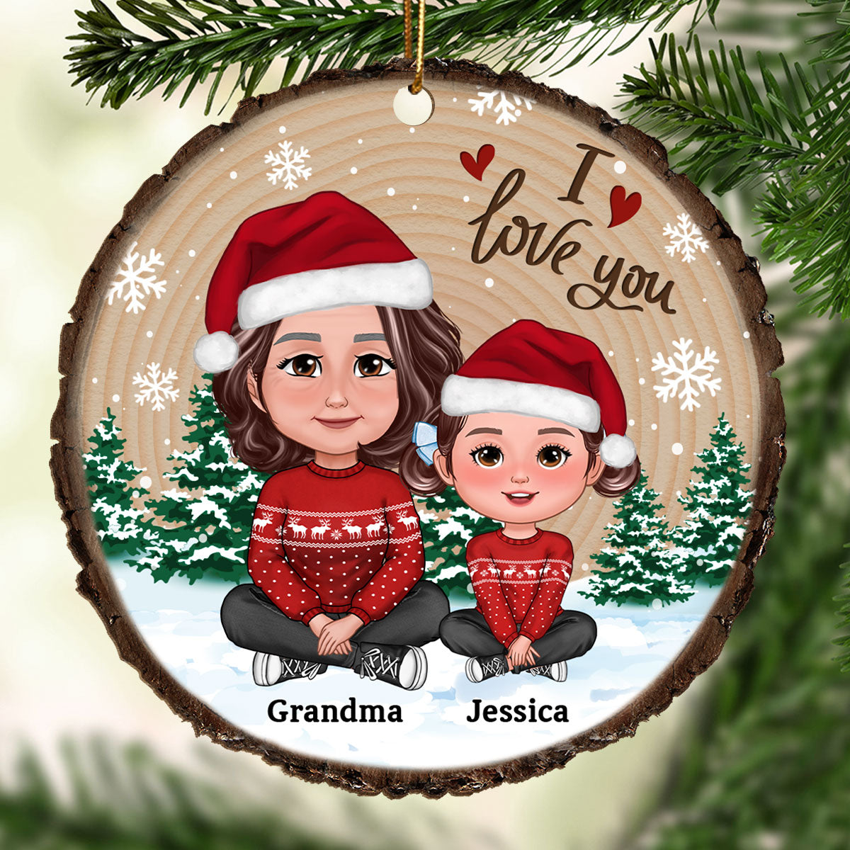 Grandma Mom Kids Sitting In Snow Wood Slice Personalized Wooden Ornament