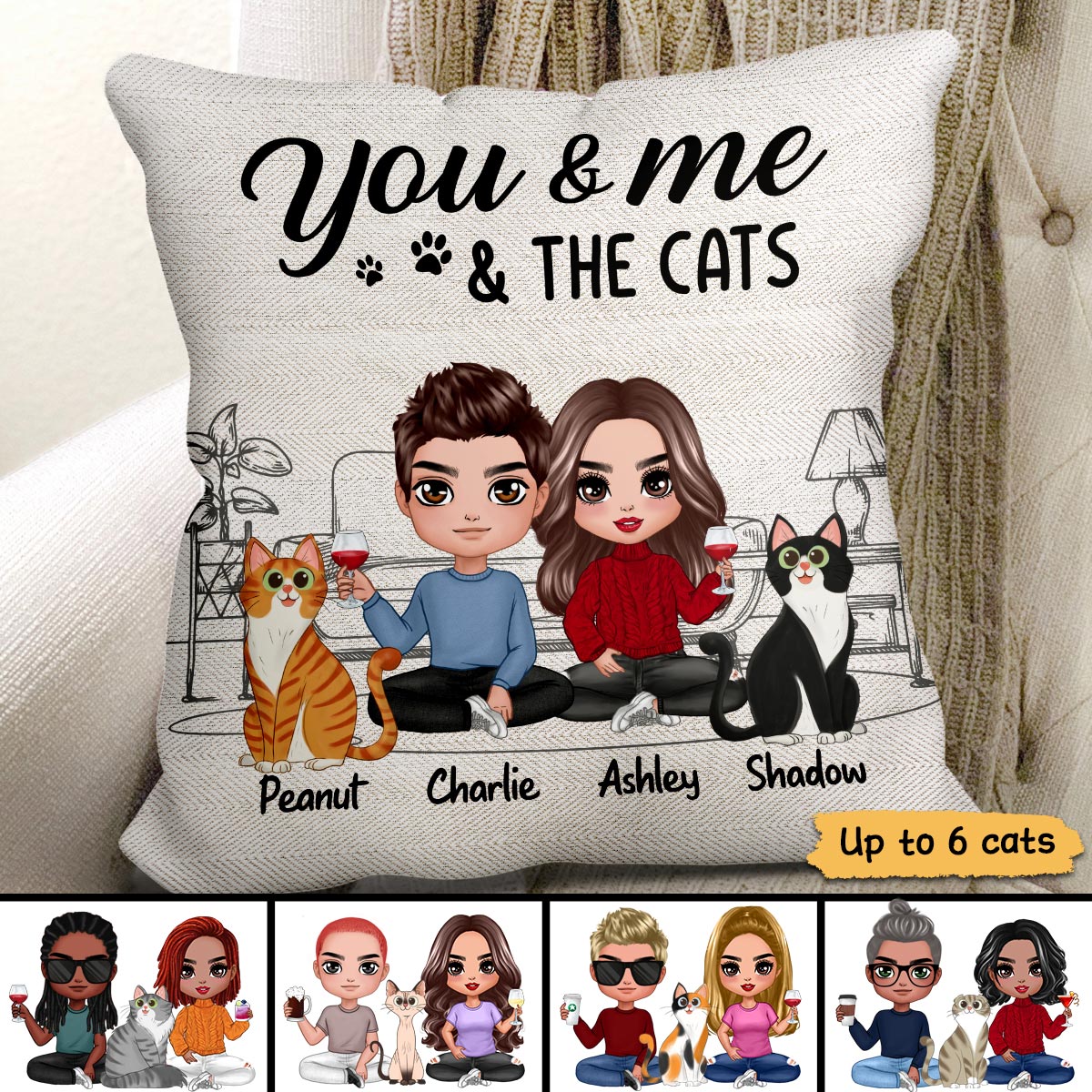 Outline Background Doll Couple Sitting You Me The Cats Personalized Pillow