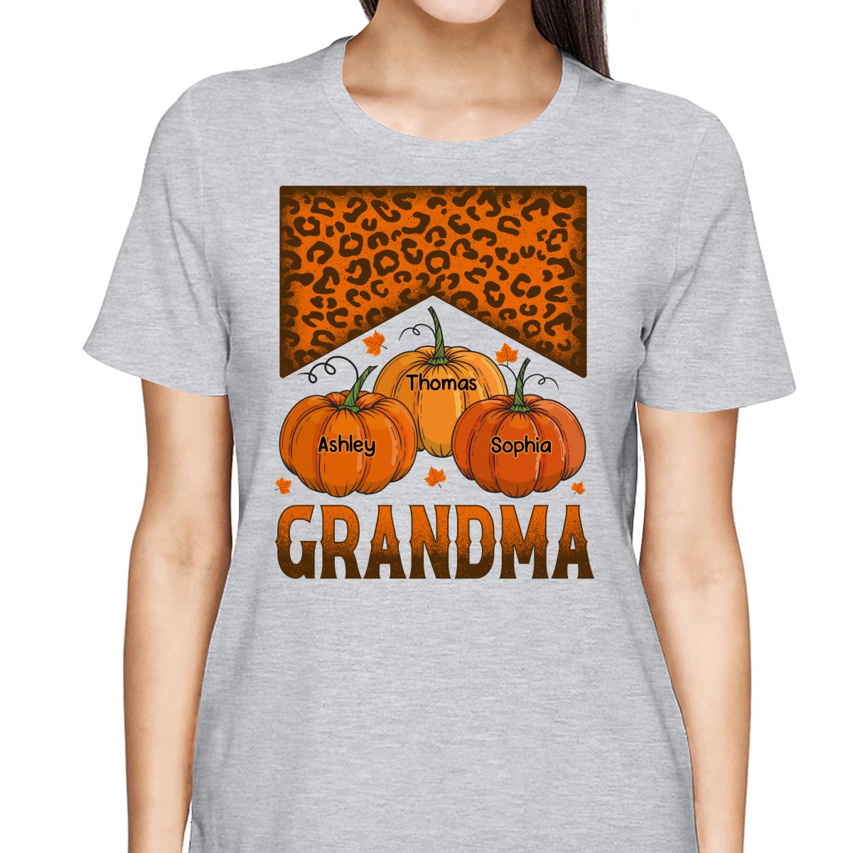 Grandma Mom Fall Season Leopard Pumpkins Personalized Shirt
