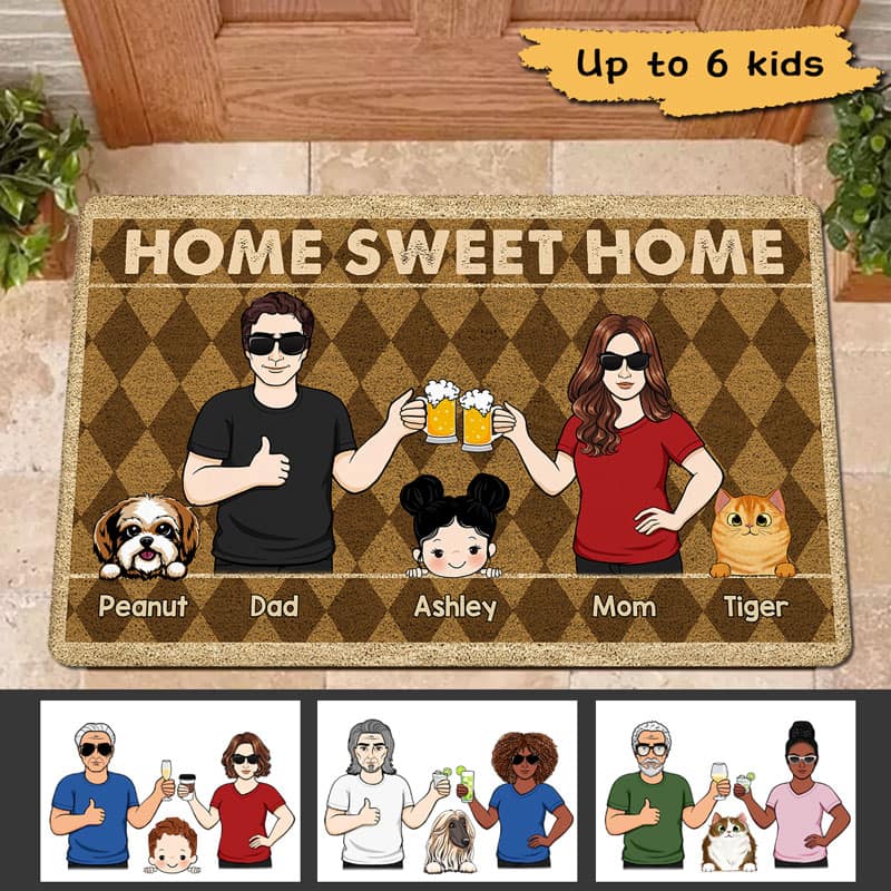 Rhombus Pattern Family Kids Dogs Cats Home Sweet Home Personalized Doormat