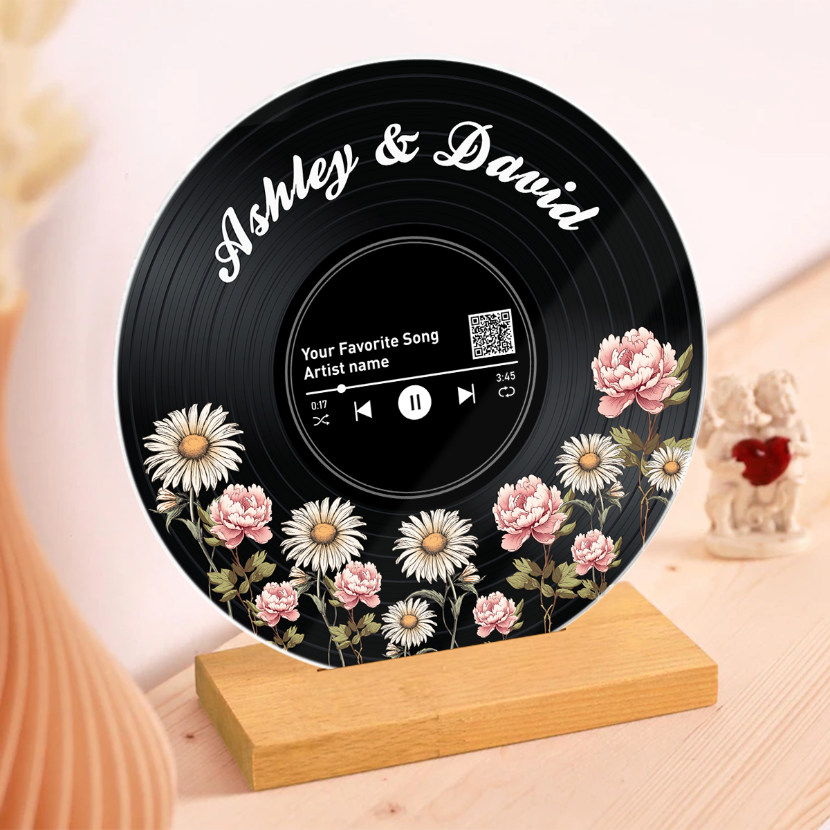 Couple Birth Month Flower Custom Vinyl Record Acrylic Song Plaque, Scannable QR Code, Personalized Valentine's Day, Birthday, Anniversary Gift for her and for him