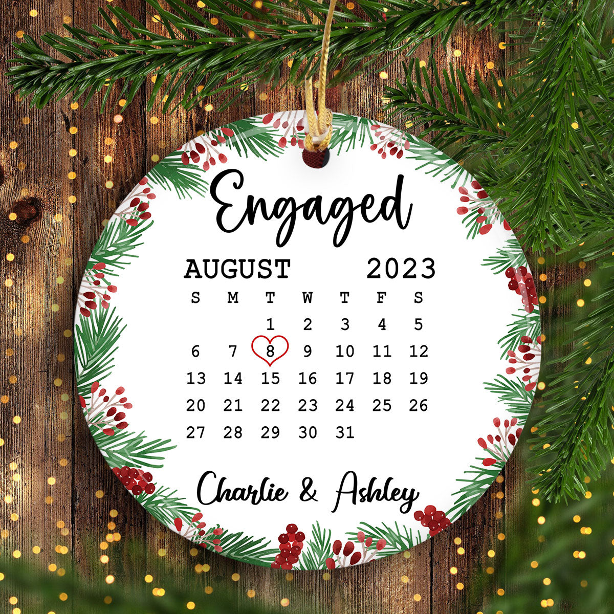 Holly Branch Simple Calendar Date First Christmas Couple Married Engaged Personalized Circle Ornament