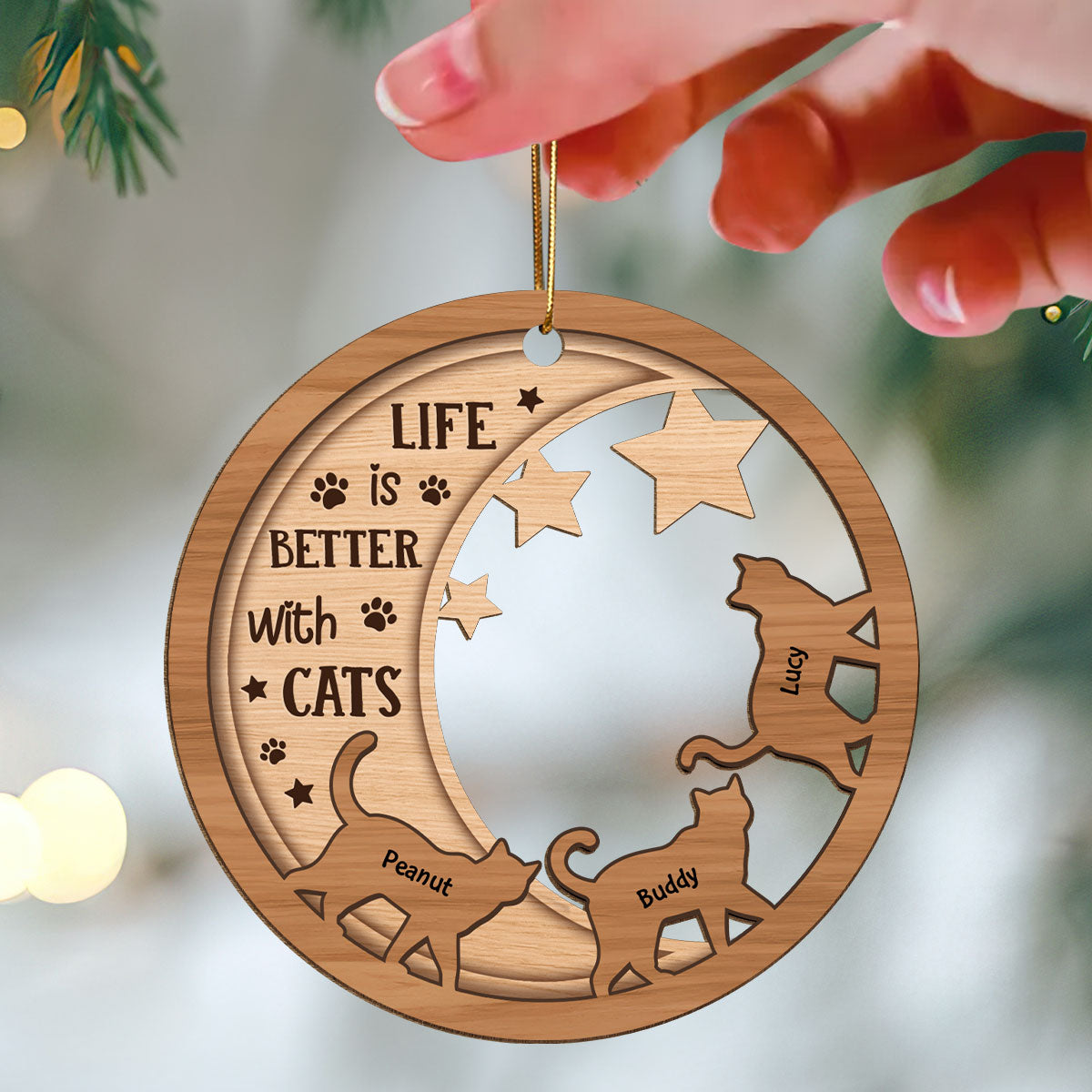 Cats Walking On Moon Personalized Wooden Ornament