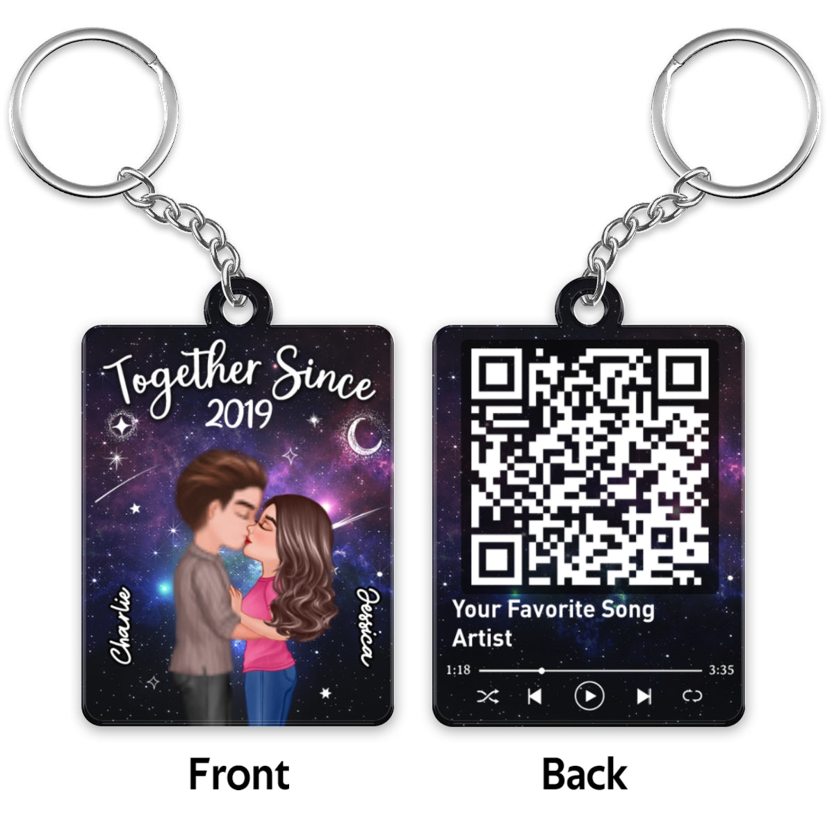 Doll Couple Kissing In Galaxy Night Favorite Song Scannable QR Code Personalized Acrylic Keychain