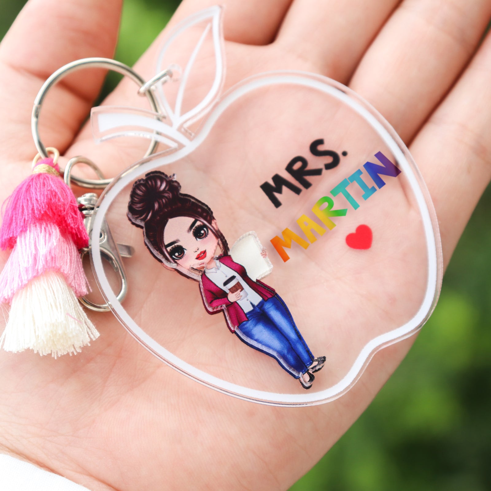 Doll Teacher Apple Shaped Personalized 2-Layer Acrylic Keychain