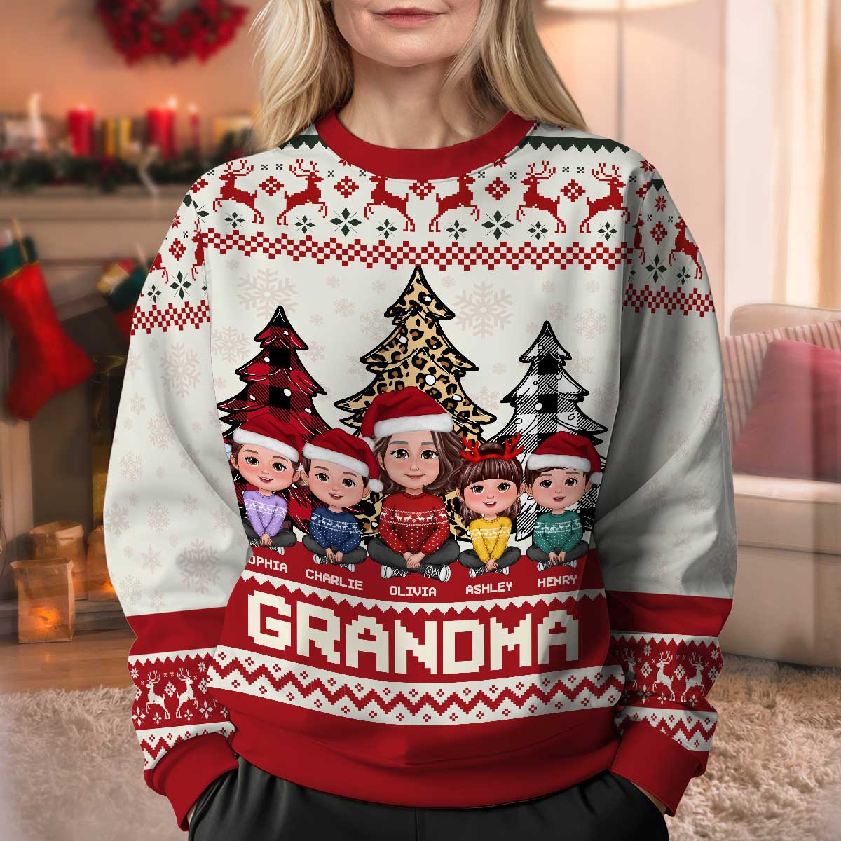 Leopard Checkered Pattern Grandma Grandkids Christmas Personalized Faux Knitting Ugly Sweater