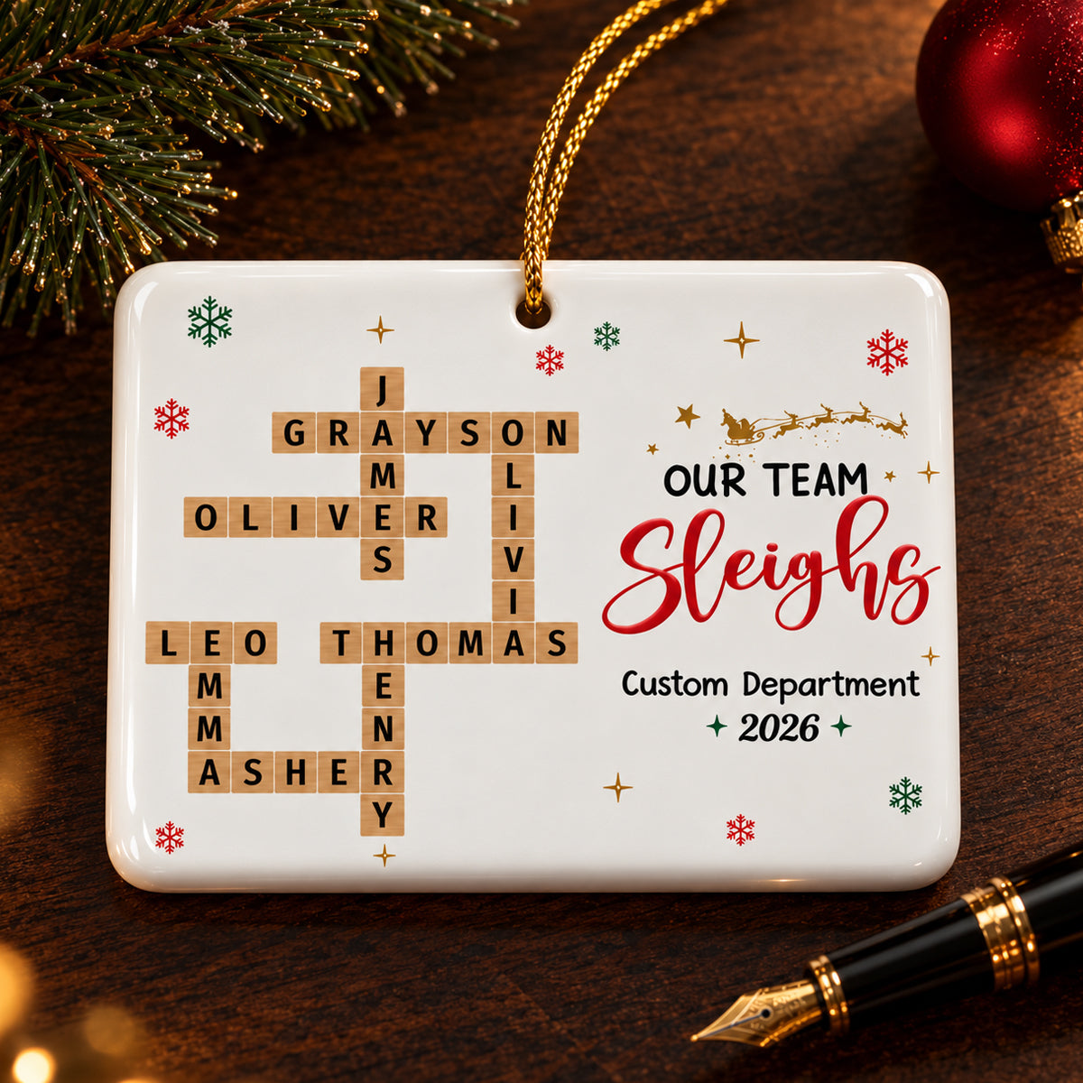 Our Team Sleighs Crossword Puzzle Art - Personalized Ceramic Ornament - Coworkers, Colleagues Gift Exchange