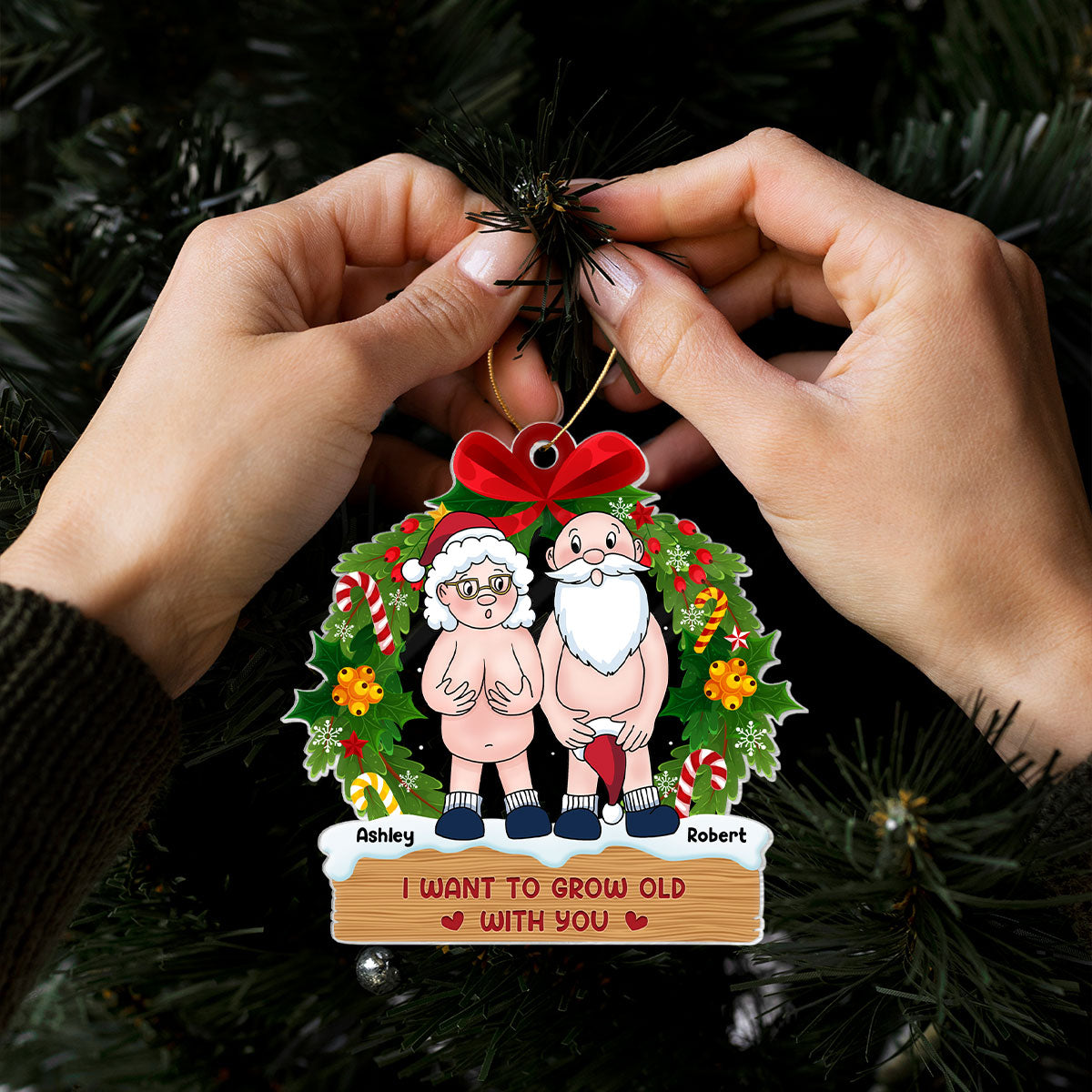 Funny Old Couple Christmas Wreath Personalized Acrylic Ornament