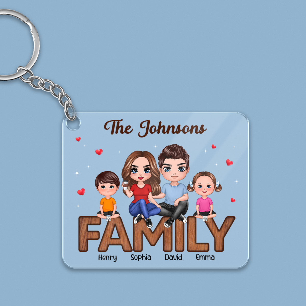 Doll Family Couple Kid Dog Cat Sitting On Text Personalized Acrylic Keychain
