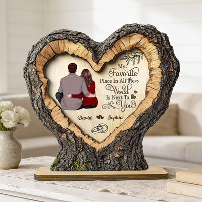 Favorite Place Next To You Couple Sitting 2D Flat - Personalized 2-Layered Wooden Plaque - Anniversary Gift, Valentine's Gift For Him, For Her