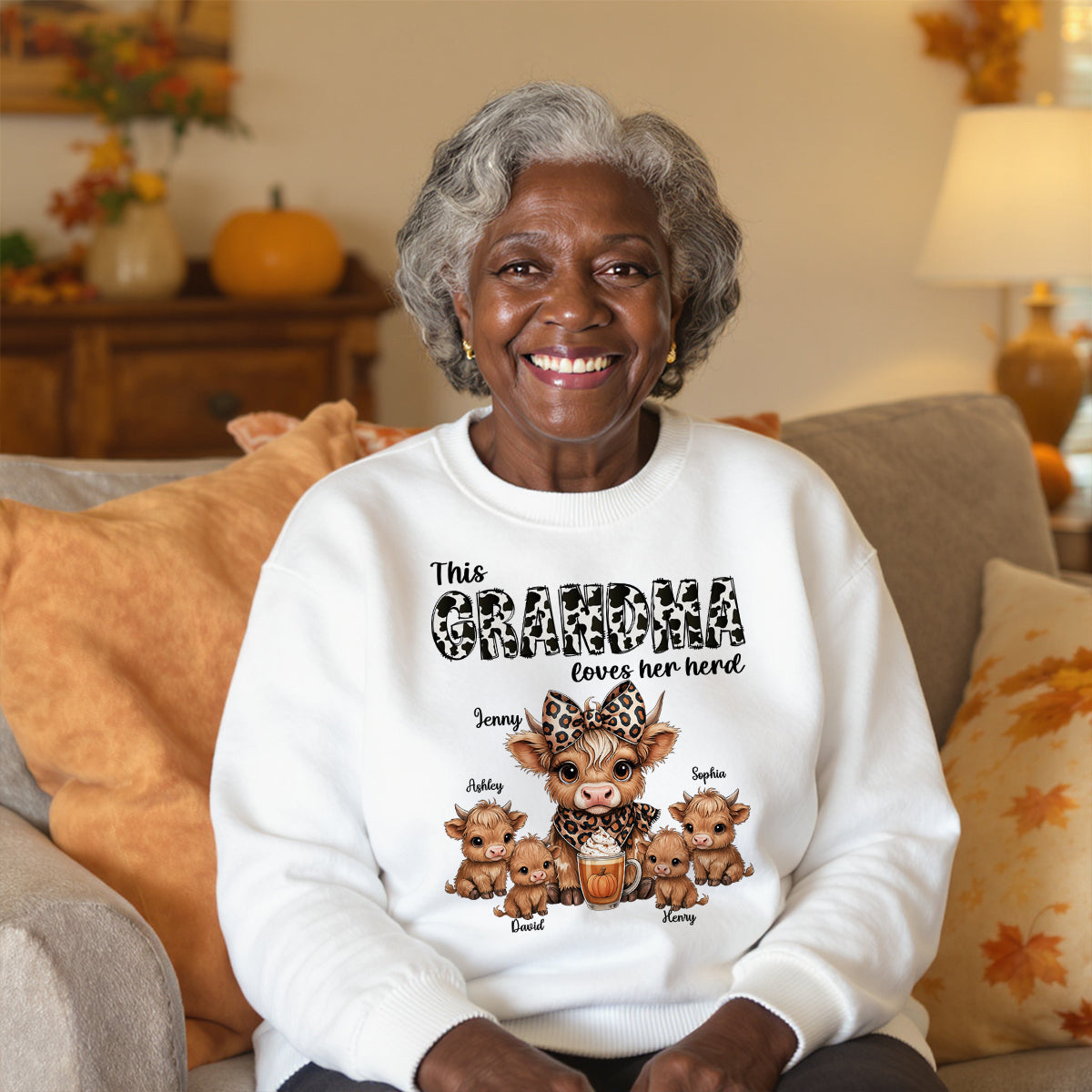This Mama Grandma Loves Her Herds – Cozy Fall Vibe Personalized Highland Cow Family Sweatshirt