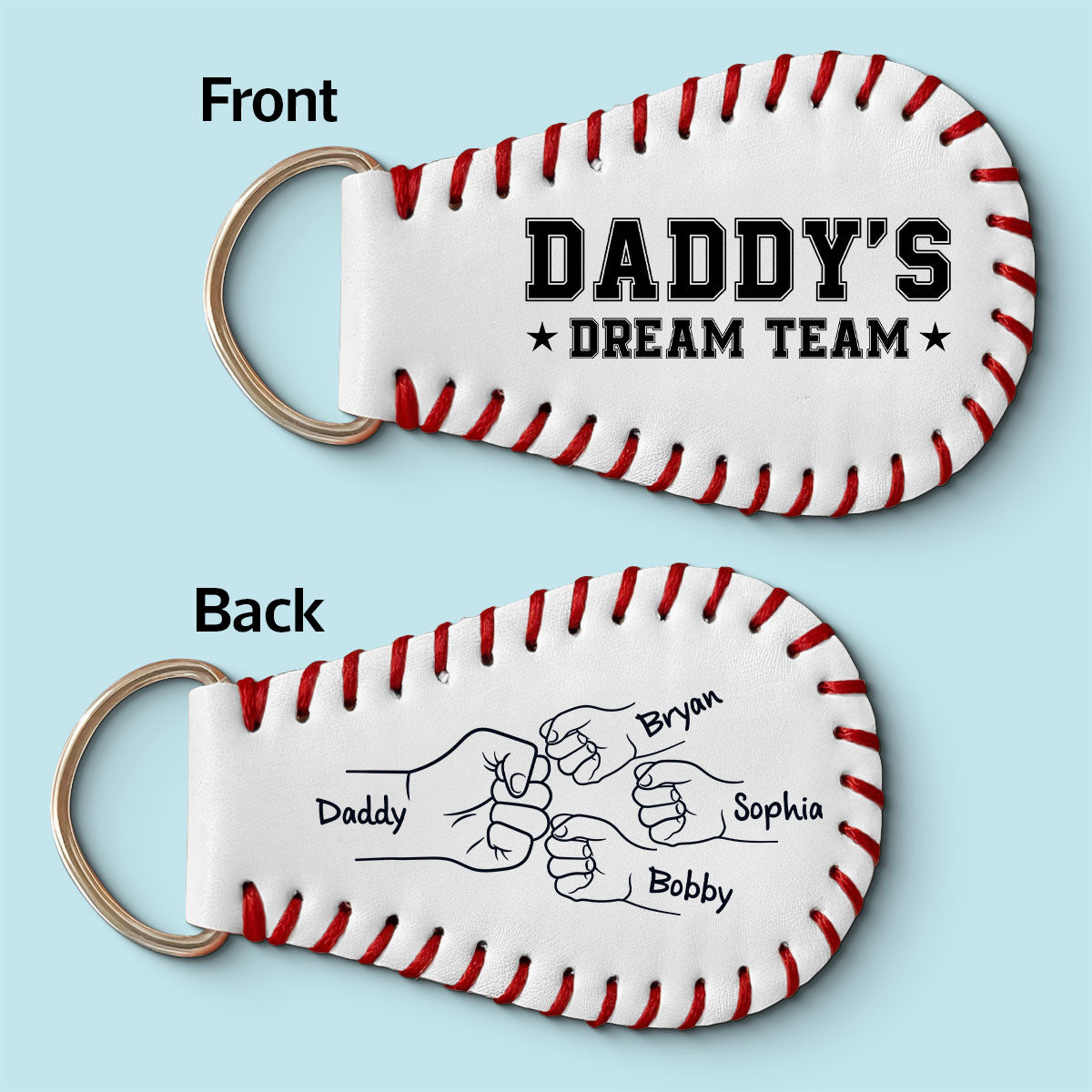 Baseball Family Team Daddy's Team Fist Bumps Personalized Baseball Leather Keychain