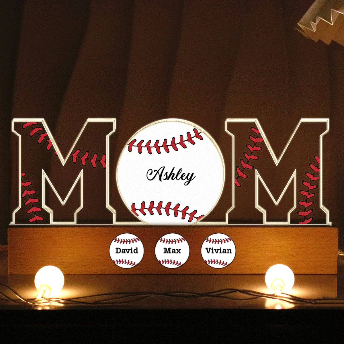 Baseball Softball Mom Kids Names Personalized Acrylic Block LED Night Light