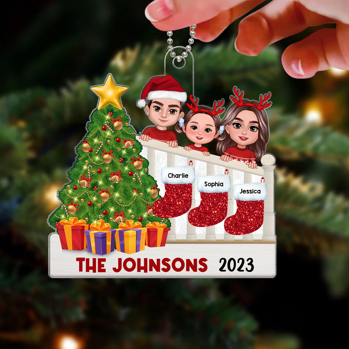 Family Peeking On Stairs Names On Stockings Personalized Acrylic Ornament