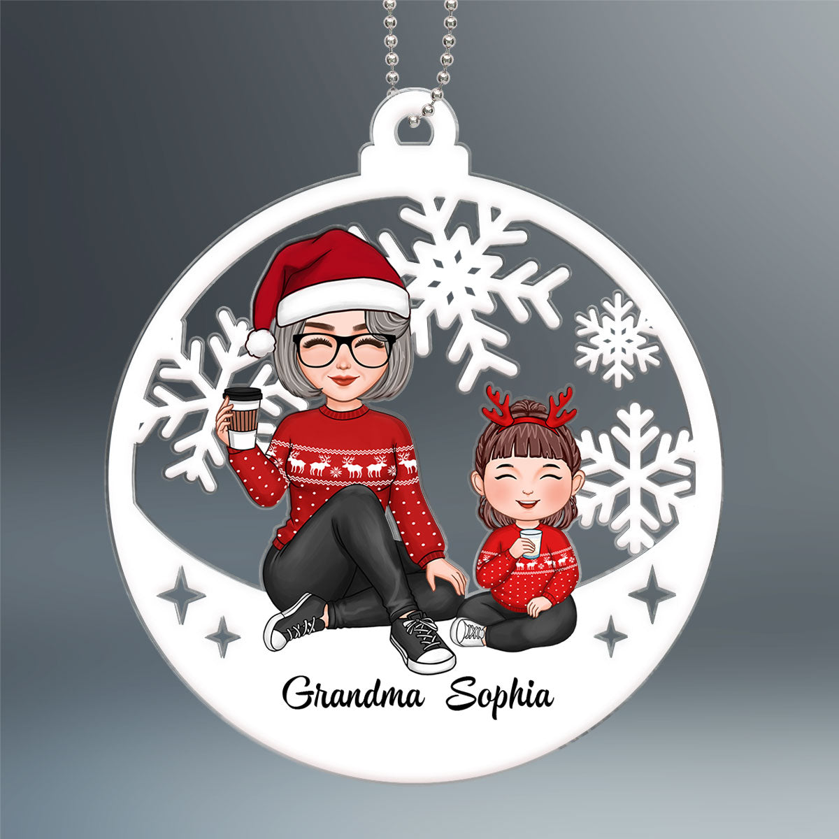 Cute Grandma Grandkid Sitting Cut-through Christmas Gift For Granddaughter Grandson Personalized Acrylic Ornament