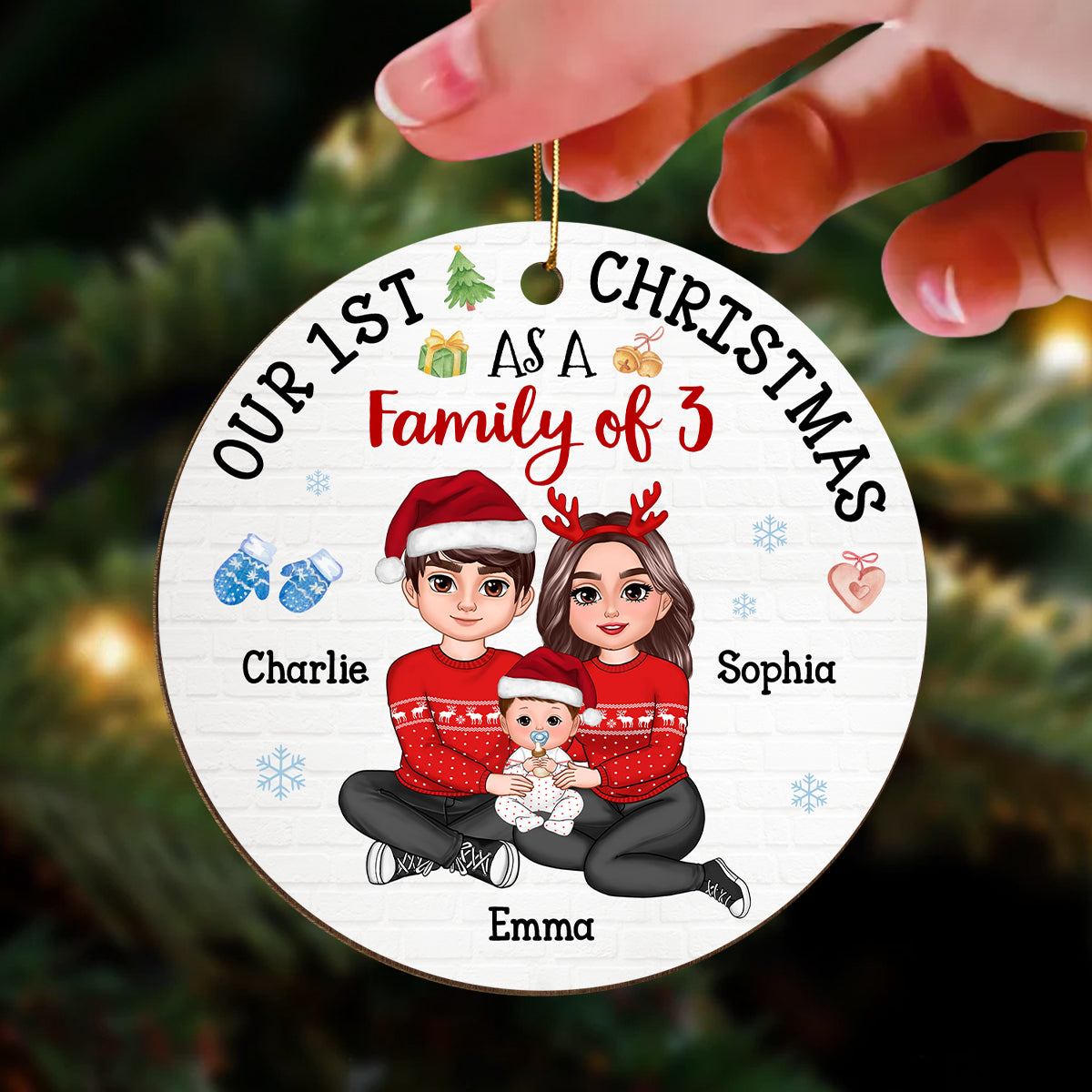 Our First Christmas As Family Of 3 Embracing Sitting Family Personalized Wooden Ornament