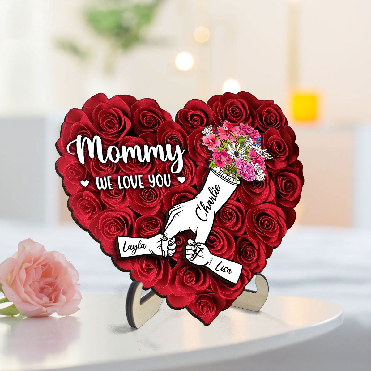 Heart Shaped 2D Roses Printed, Mother Holding Children Hands Personalized 2-Layered Wooden Plaque, Gift for Mom