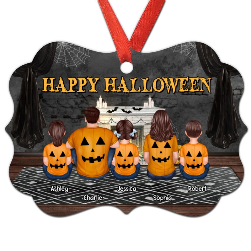 Family In Halloween Back View Sitting Couple Kid Dog Cat Personalized Ornament