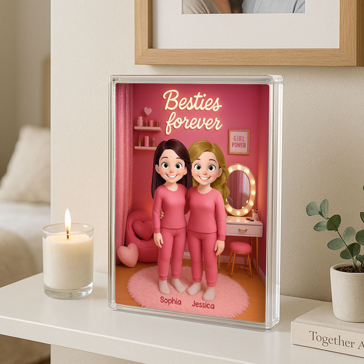 3D Effect Besties Pink Tone Dream Dollhouse Personalized Flat Rectangle Acrylic Block Plaque