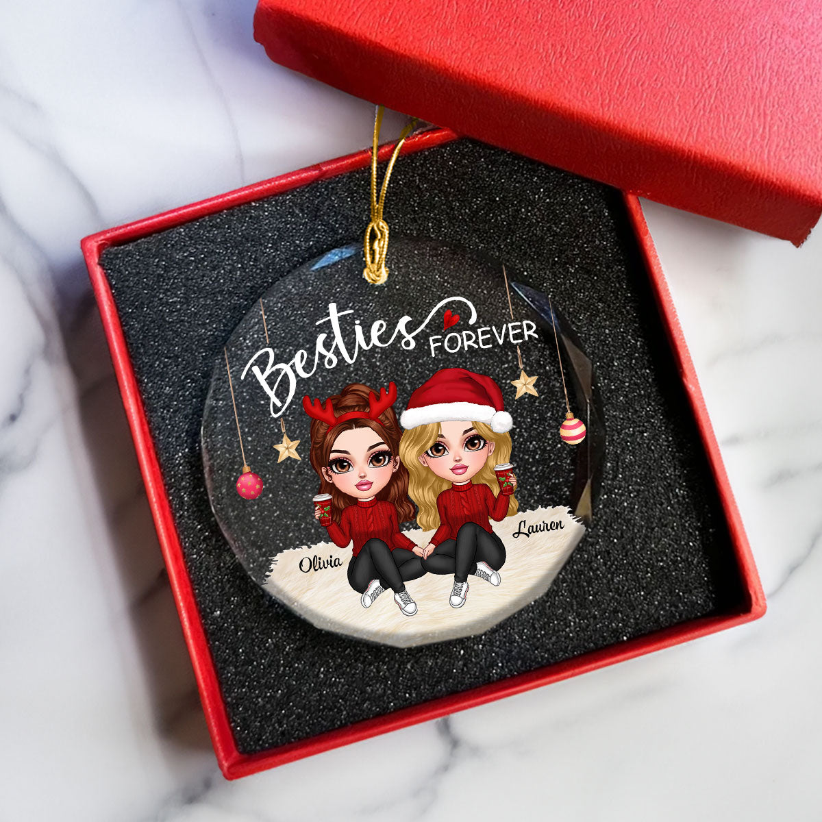 Besties Forever Y2K Best Friends Personalized Glass Ornament, Friendship Christmas Gift
