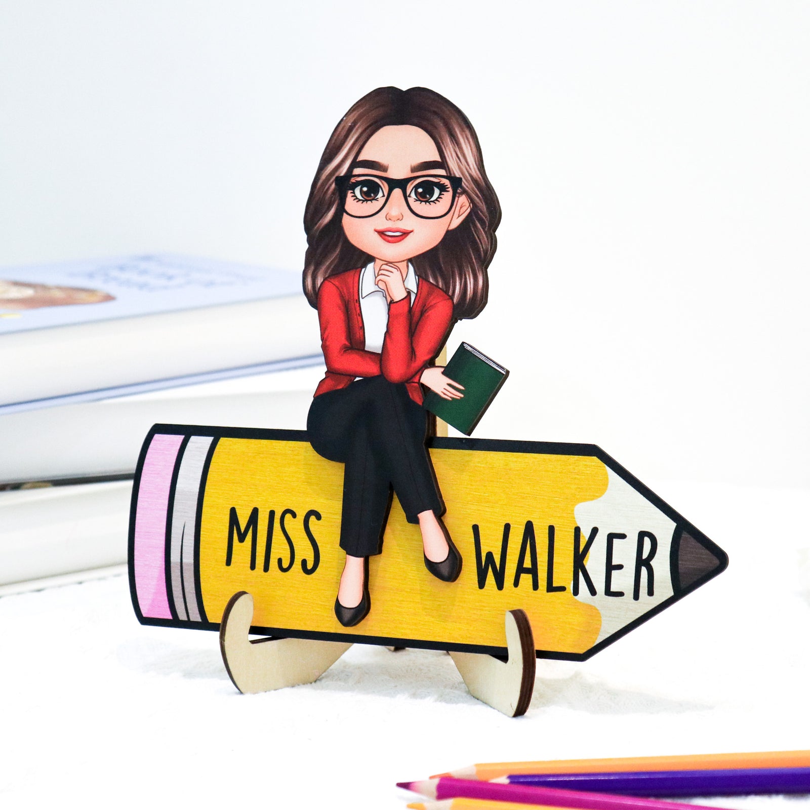Doll Teacher Sitting On Pencil - Personalized 2-Layered Wooden Plaque - Gift For Teacher