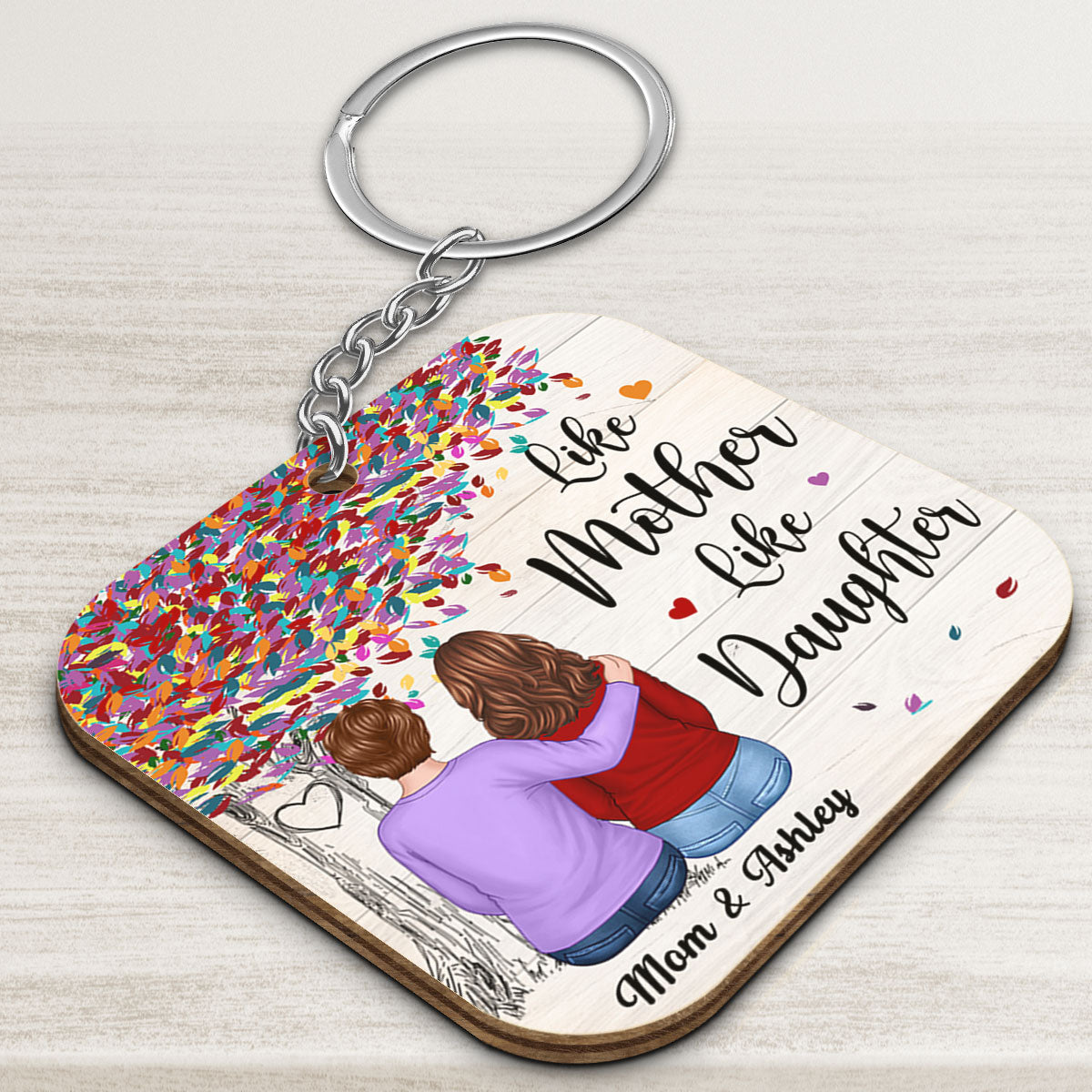 Colorful Tree Back View Mom Hugging Daughter Personalized Wooden Keychain