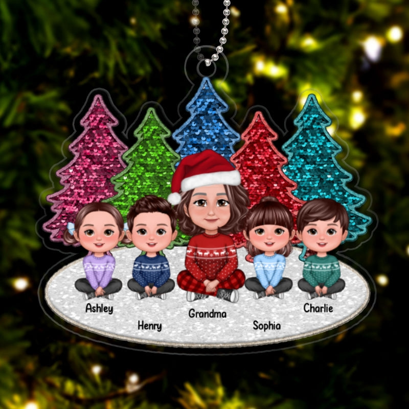 Sequins Pattern Christmas Trees Grandma & Grandkids Sitting Personalized Acrylic Ornament