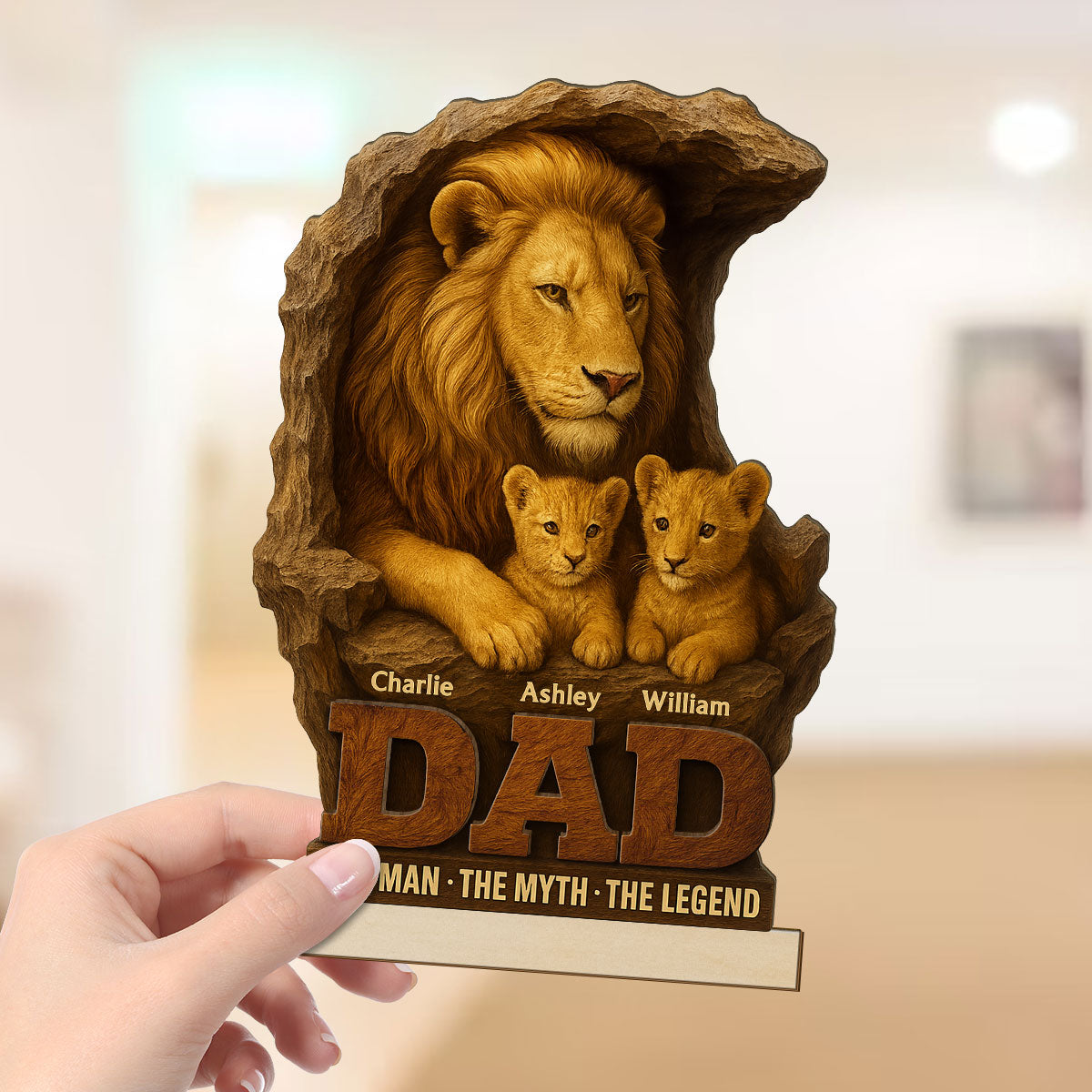 Lion Dad And Kids Personalized 2- Layer Standing Wooden Plaque, Unique Father's Day Gift For Dad