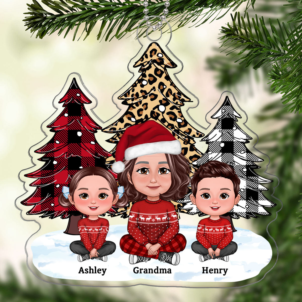 Leopard Checkered Pattern Christmas Tree Grandma Grandkids - Personalized Acrylic Ornament