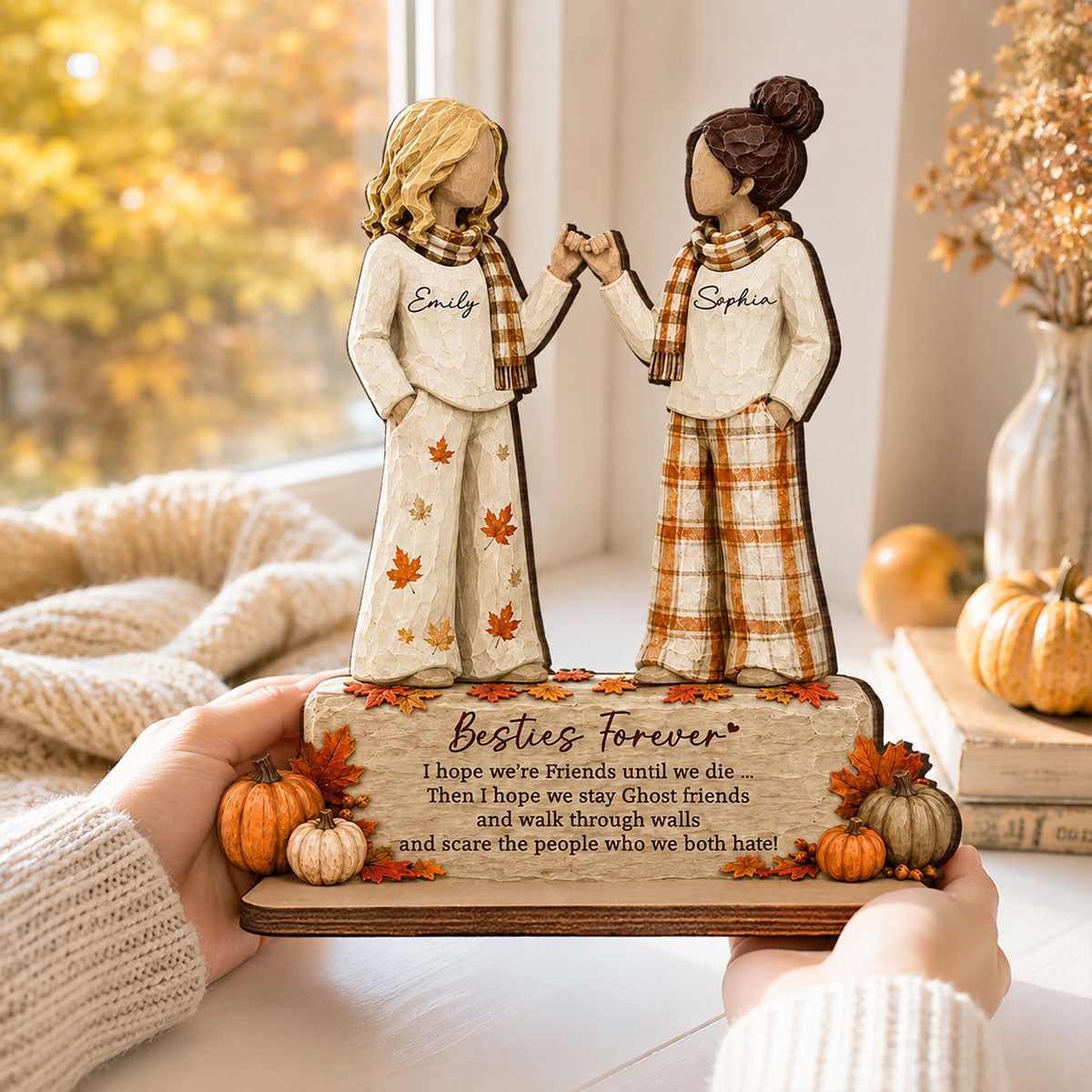 Trending Fall Season Besties Forever Pinky Promise - Personalized 2-Layered Wooden Plaque - Friendship Keepsake