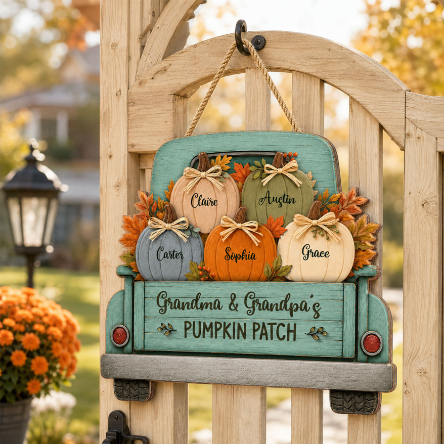 Grandma Grandpa's Pumpkin Patch Truck 2D Flat Printed - Personalized Door Hanger - Fall Season Decor For Grandparents