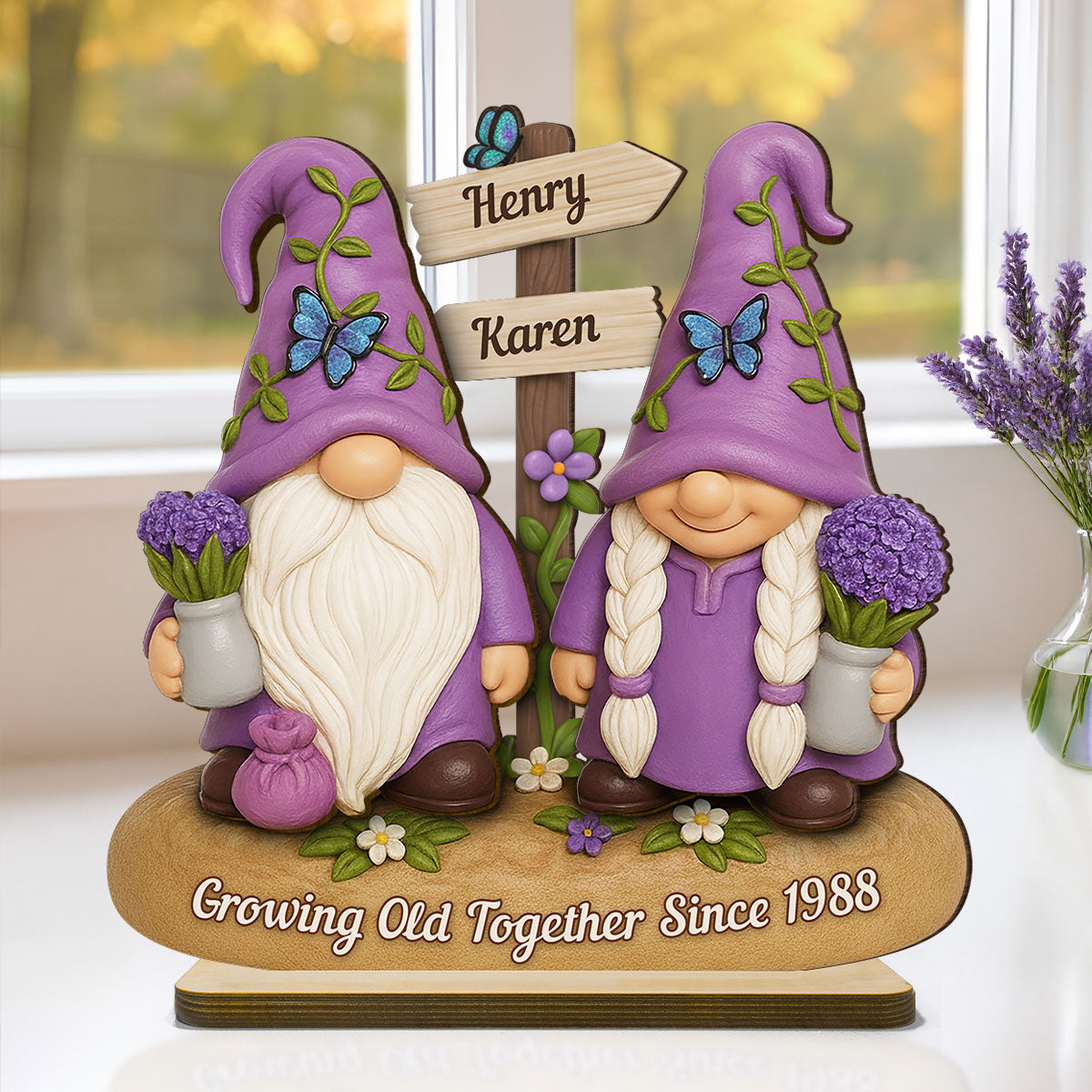 Lavender Gnome Couple - Personalized Standing Wooden Plaque - Gift for Couple, for Him, for Her