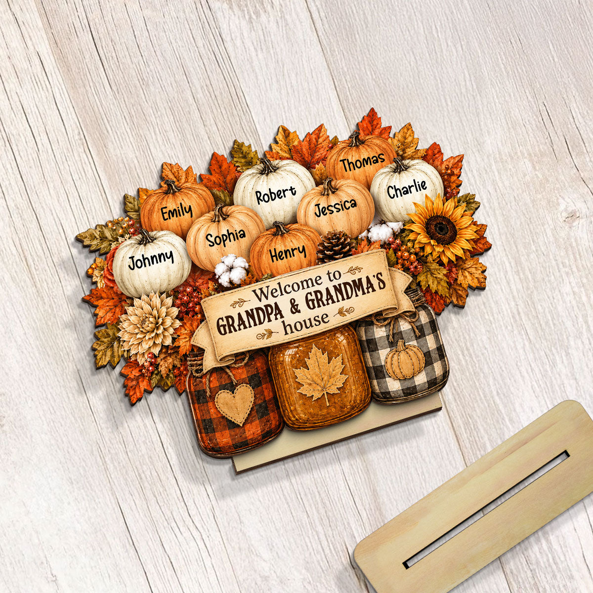 Cozy Warm Fall Season Mason Jars Pumpkins Grandma Grandpa Little Pumpkins - Personalized 2-Layered Wooden Plaque - Fall Decoration For Grandparents